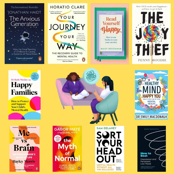 Image description: front covers of some of our health and wellbeing books including  The anxious generation : how the great rewiring of childhood is causing an epidemic of mental illness by Jonathan Haidt and Healthy mind, happy you : how to take care of your mental health by Emily MacDonagh.

