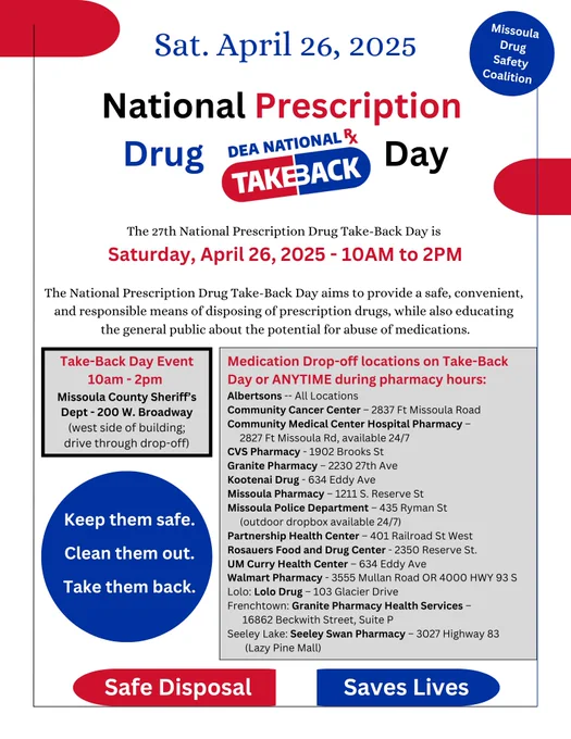Graphic about National Prescription Drug Takeback Day on Saturday, April 26 from 10am to 2pm.