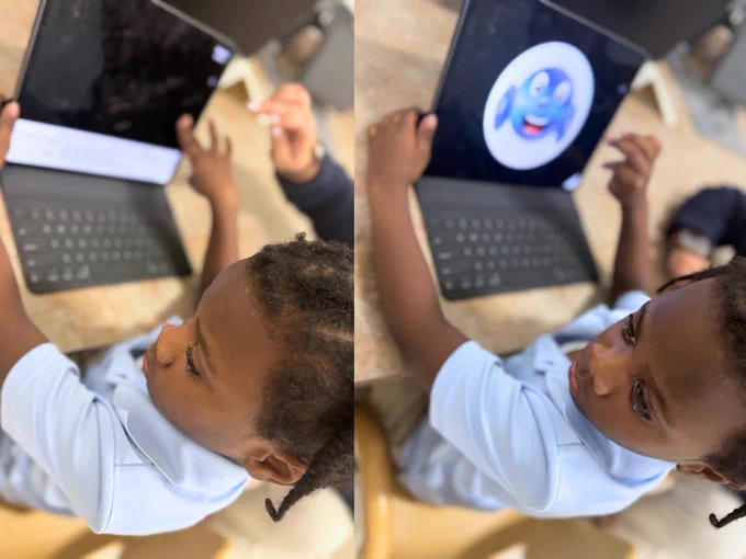 A photo collage of two images of a Miami Lighthouse Academy student seated, playing a game on a laptop.