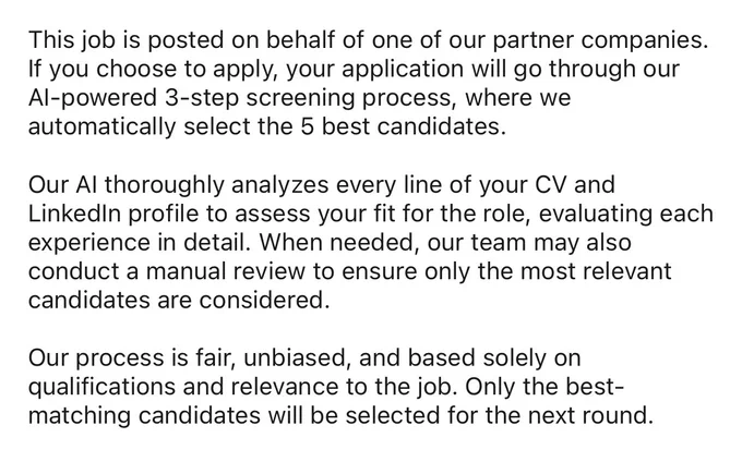 This job is posted on behalf of one of our partner companies.
If you choose to apply, your application will go through our Al-powered 3-step screening process, where we automatically select the 5 best candidates.
Our Al thoroughly analyzes every line of your CV and Linkedin profile to assess your fit for the role, evaluating each experience in detail. When needed, our team may also conduct a manual review to ensure only the most relevant candidates are considered.
Our process is fair, unbiased, and based solely on qualifications and relevance to the job. Only the best-matching candidates will be selected for the next round.