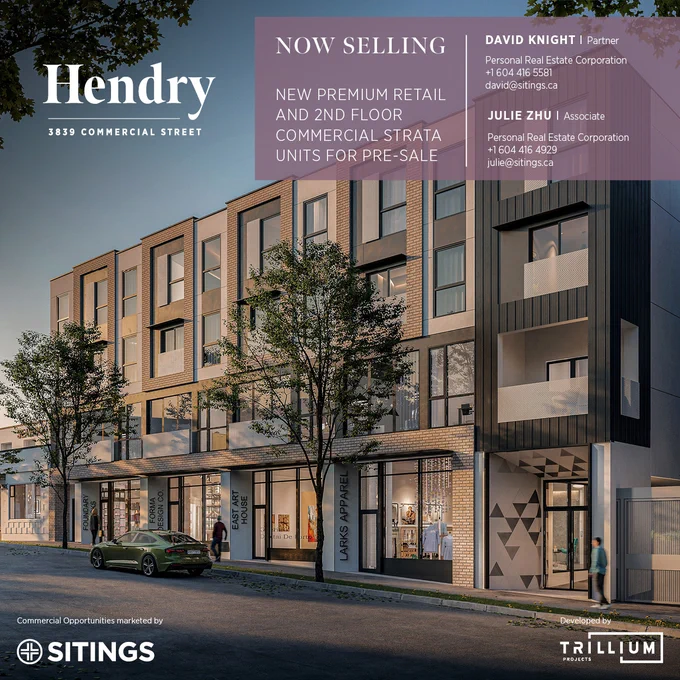 Hendry | New Premium Retail and 2nd Floor Commercial Strata Units for Sale | 3839 Commercial Street, Vancouver BC