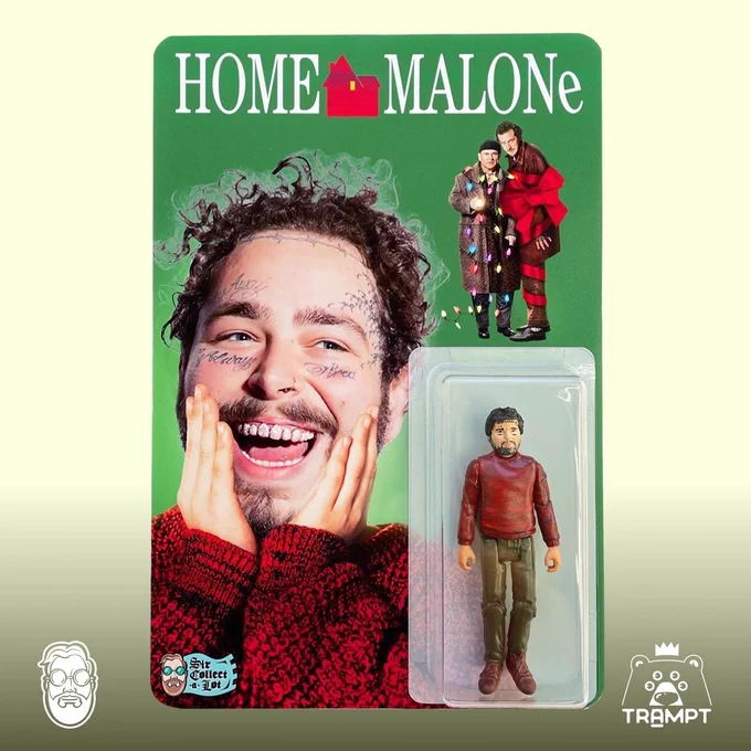 Promotional image for 'Home Malone,' featuring a Post Malone inspired action figure resembling a scene from the movie 'Home Alone,' with the figure packaged next to an illustration of the character in a red sweater and festive attire, mimicking the famous pose with hands on face.
