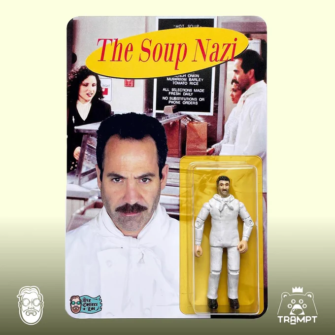 Promotional packaging for "The Soup Nazi" action figure from Seinfeld, featuring a photo of the character and the action figure displayed in a plastic blister.
