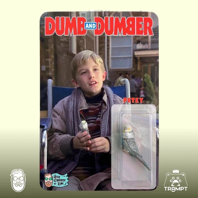 Promotional image for the movie Dumb and Dumber featuring a young character in a chair holding a small bird, with another bird in a clear container labelled 'Petey'.