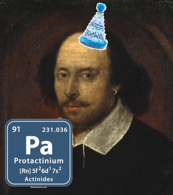 A painting of William Shakespeare with a hastily photo-shopped birthday hat next to the periodic table symbol for the element Protactinium