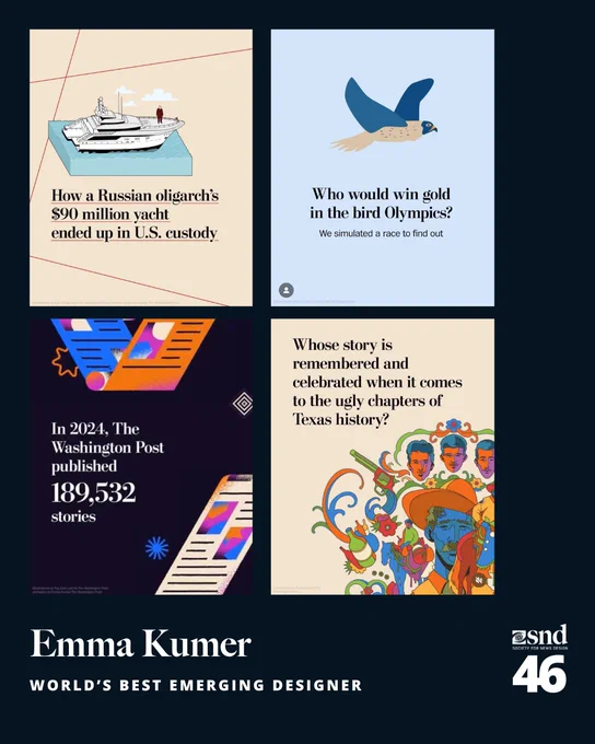 A collage of four design works by Emma Kumer from The Washington Post. Top left: an illustrated story cover showing a yacht with the headline about a Russian oligarch's seized vessel. Top right: a minimalist illustration of a bird in flight with the headline about a simulated bird Olympics. Bottom left: a vibrant digital illustration highlighting the number of stories published by The Washington Post in 2024. Bottom right: a colorful, stylized depiction of historical figures with the headline questioning the celebration of Texas history's darker chapters. Below, text reads: “Emma Kumer – World’s Best Emerging Designer,” with the SND46 logo.