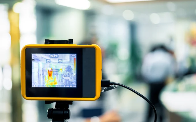 A thermal imaging camera displaying a heat map of people in an office environment - the camera is in focus and the office background is blurred.