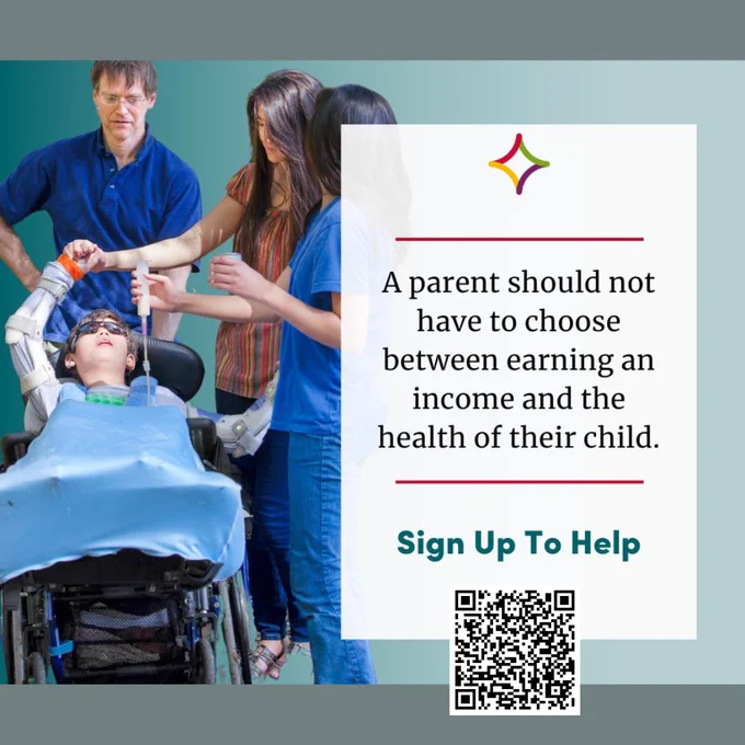 Three adults stand around a young child who is reclined while being tube fed. A parent should not have to choose between earning an income and the health of their child.