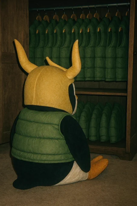 A mascot-style character sits on the floor, facing an open closet filled with identical outfits that match the one he’s wearing. The character’s design and clothing should match the appearance shown in the uploaded reference image.

The camera captures the scene from behind, at a slightly left-side angle. The character is positioned left of center, with their back turned to the viewer, silently staring at the closet.

The room is dimly lit and captured with analog iPhone flash — harsh frontal lighting, deep shadows, overexposed highlights, and a slightly drained color palette. The photo should appear grainy and nostalgic, like a snapshot from an early 2000s bootleg movie or VHS tape.

Style: semi-realistic vintage photography, analog realism, costume/live-action hybrid
Aspect Ratio: 4:3
Vibe: dry humor, existential fashion crisis, quiet absurdity

Important: Both the character and all outfits in the closet should replicate the appearance and clothing style shown in the reference image.