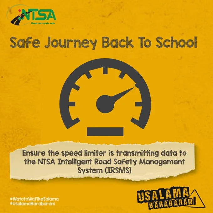 Ensure that the vehicle's speed limiter is properly connected and actively transmitting real-time data to the NTSA Intelligent Road Safety Management System (IRSMS), as required for monitoring and compliance with road safety regulations