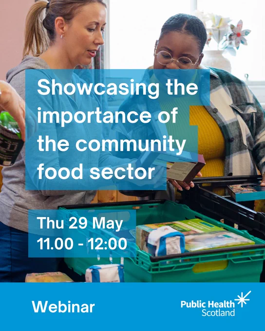 A photo of two women who are a a community foodbank looking at produce within a crate. 

Text overlayed reads: Showcasing the importance of the community food sector - Thu 29 May - 11:00-12:00 