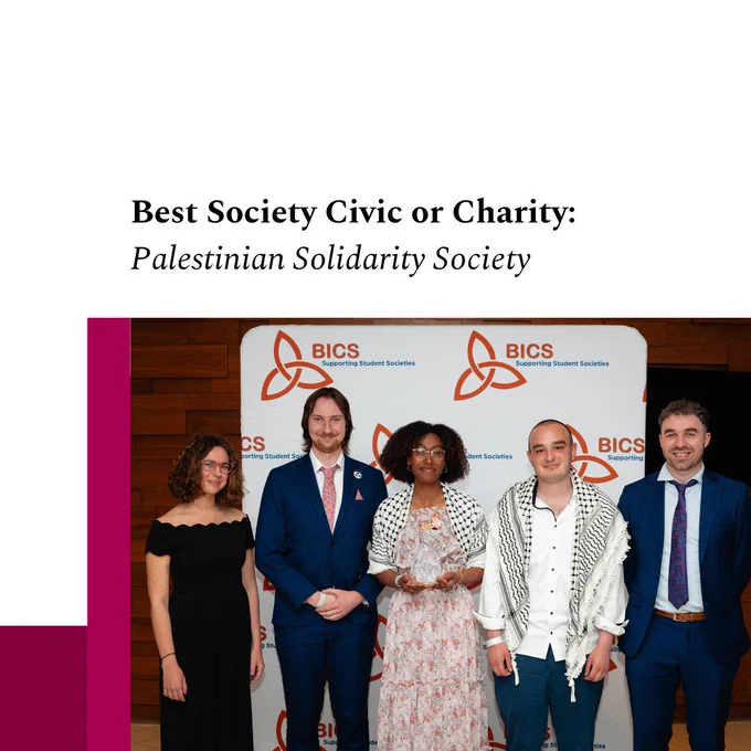University of Galway’s Palestinian Solidarity Society won the BICS Best Society Civic or Charity Award. Pictured are Ellen Burkett, Shane O'Halloran, Nora Abdel Rahin, Emmett O'Reilly and Evin Hughes. 