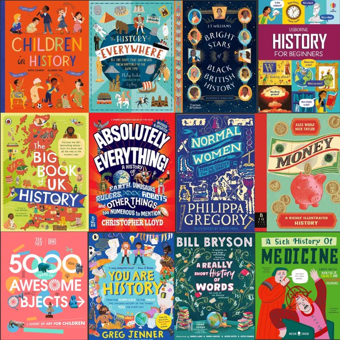 Image description: front covers of some of the history books including You are history by Greg Jenner, Children in History by Nicola Edwards and 5000 awesome objects by Aaron Rosen.

