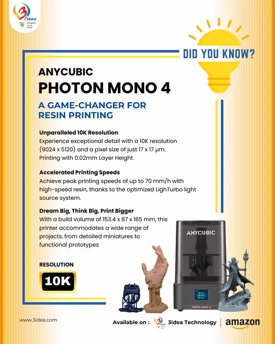 ANYCUBIC Photon Mono 4 - Meet the future of 3d printing.
.
* Unmatched 10K Resolution: Get unparalleled detail with 9024 x 5120 pixels and a pixel size of just 17 x 17 µm.
* Super-Fast Printing: Achieve incredible speeds up to 70 mm/h with the optimized LighTurbo system.
* Advanced Light Uniformity: Enjoy smoother, more detailed surfaces with 80-90% light uniformity, reducing layer lines for an ultra-finish.
* Enhanced Build Platform: Laser-engraved Platform 2.0 ensures perfect adhesion, reducing warping and guaranteeing successful prints every time.
* Power Failure Protection: No more worries about power outages—this printer picks up right where it left off, saving you time and material.
* Generous Build Volume: With a 153.4 x 87 x 165 mm build area, take on everything from miniatures to functional prototypes.
.
🛒 Available on: www.3idea.com | Amazon
📲 Call/WhatsApp:  91 8369946747 / 8767810589
.
(3d printing, prototyping, resin printing, filament, art, decor)
#3dprint #3dprinter #d