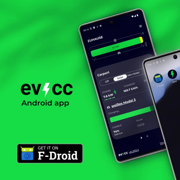 Smartphone with evcc Android app installed.
Get it on F-Droid Badge.