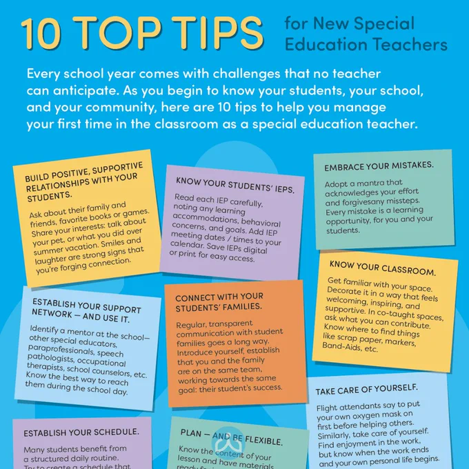 An Instagram-style image titled “10 Top Tips for New Special Education Teachers” showing a photo of a smiling teacher with a student, alongside a checklist with supportive advice such as “Ask for help,” “Celebrate progress,” and “Build relationships with paras and families