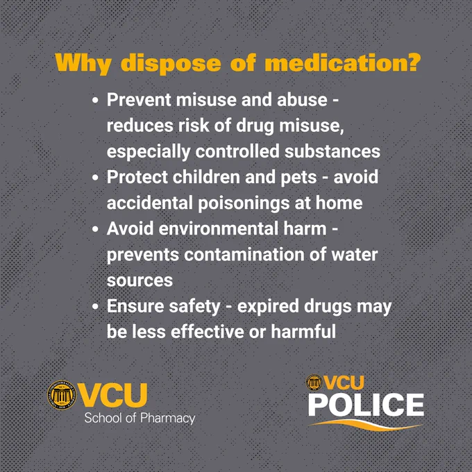 Why dispose of medication? Prevent misuse and abuse - reduces risk of drug misuse, especially controlled substances. Protect children and pets - avoid accidental poisonings at home. Avoid environmental harm - prevents contamination of water sources. Ensure safety - expired drugs may be less effective or harmful.
