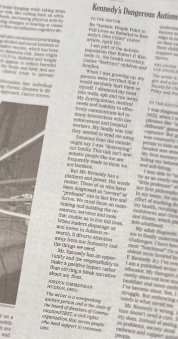 Printed newspaper with the header, "Kennedy's Dangerous Autism Claims." Letters to the editor are below.