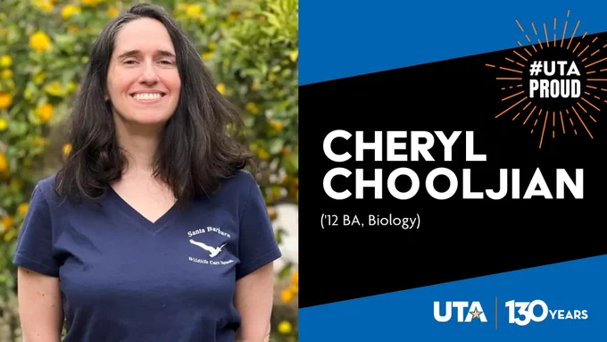 Cheryl Chooljian, smiling, wearing a blue scrub top with 'Health Huguley' logo, in front of a tree. A banner reads 'UTA Proud' with the University of Texas at Arlington logo, celebrating 130 years.