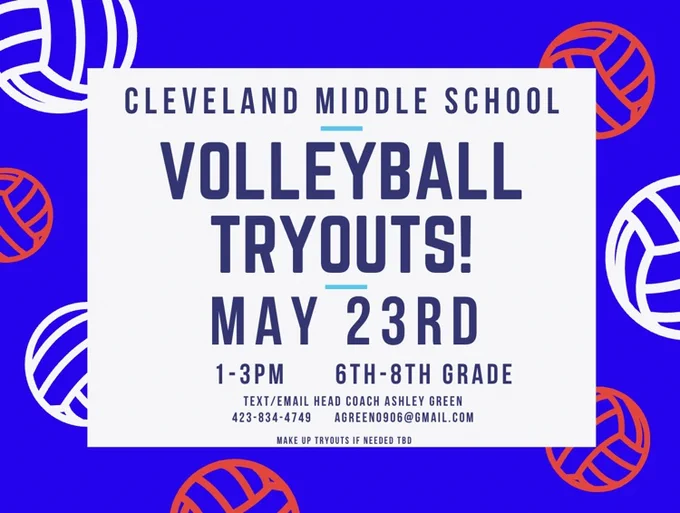 VOLLEYBALL TRYOUTS MAY 23RD FROM 1-3 PM