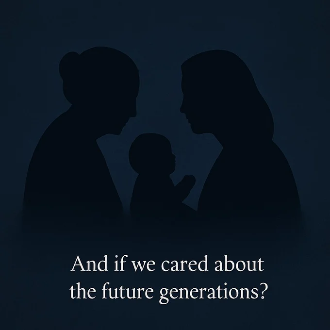 Three generations — a grandmother, a mother, and a baby — in silhouette against a dark blue backdrop. The caption reads: “And if we cared about the future generations?” A powerful call to vote, to protect what comes next.