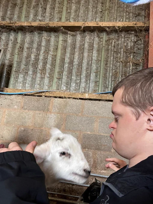 A young man stroking a white lamb. 