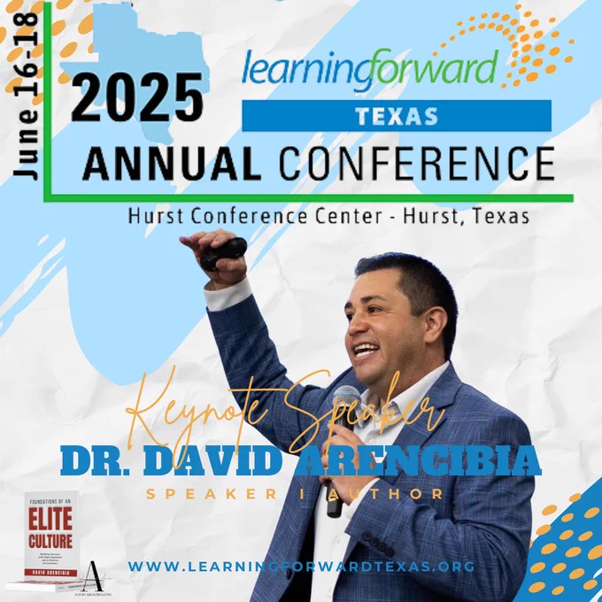 🚨 TEXAS (& surrounding states) EDUCATORS & LEADERS!

Excited to be the Keynote Speaker for the Learning Forward Texas 2025 Annual Conference!

📍 Hurst Conference Center – Hurst, TX
📅 June 16–18, 2025

We’ll be diving deep into the principles of an Elite Culture!

If you're a leader in Texas or the surrounding states, this event is for YOU! 

Let’s build elite cultures, elevate leadership, and walk away with practical tools that shift momentum on your campus or in your district.

🔥 Expect energy.
🔥 Expect strategy.
🔥 Expect transformation.

📲 Register now at: https://www.learningforwardtexas.org/annual-conference

Let’s fill the room with passionate educators ready to level up.
 
Tag a colleague who needs to be there with you!👇

#lftx #LFTXlearns #EliteCulture #LearningForwardTexas #TexasEducators #LeadershipMatters #EducationLeadership #SchoolCulture #KeynoteSpeaker #DavidArencibia #DrDavid #ProfessionalDevelopment  #TexasLeadership
