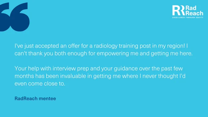 Text on image with RadReach logo, featuring a testimonial from a mentee expressing gratitude for guidance and support received, leading to a radiology training position.