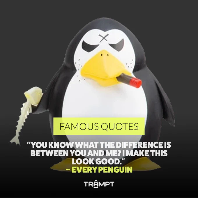 Image of a toy penguin resembling the character Rico from 'Madagascar,' holding fish bones while smoking a cigar, with a quote that reads, 'You know what the difference is between you and me? I make this look good.' - Every Penguin.