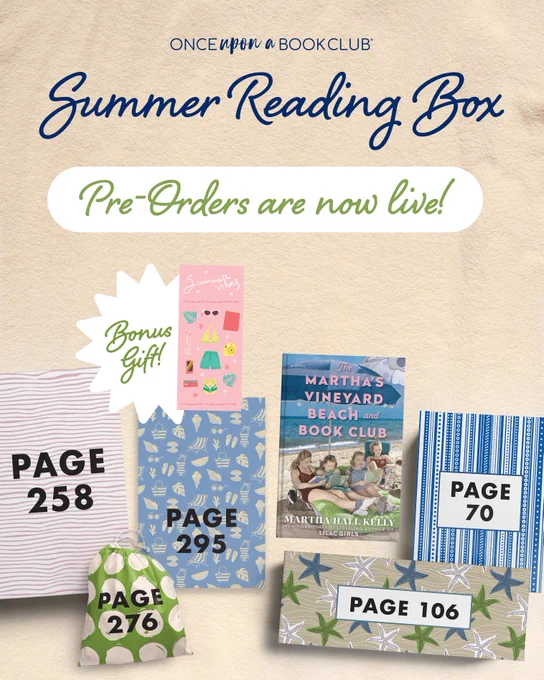 OUABC Summer Reading Box - Pre-orders are now live! Shows book and five themed wrapped gifts labeled with page numbers. Bonus Gift! next to image of pink towel