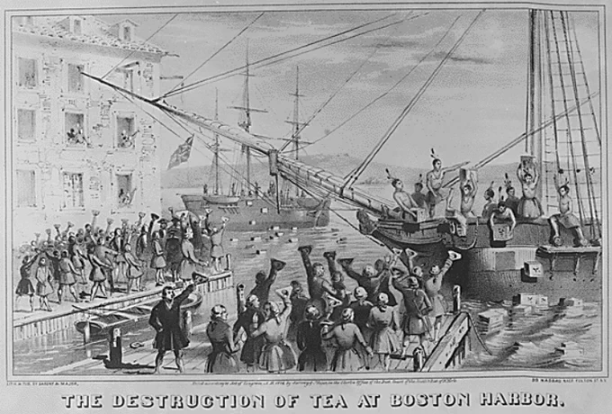 “The Destruction of Tea at Boston Harbor,” 1773. Copy of lithograph by Sarony & Major, 1846. NAID: 532892