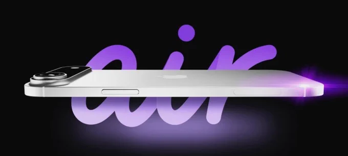 La imagen muestra un render lateral del supuesto iPhone 17 Air, destacando su extrema delgadez. El dispositivo es tan fino que casi parece una hoja metálica, con un cuerpo en color plateado y bordes planos.

En la parte trasera se observa una única cámara con un módulo sobreelevado que contrasta con el perfil ultrafino del teléfono. Justo detrás, en el fondo negro, aparece la palabra “air” en tipografía grande y suave, con un degradado violeta que añade dinamismo y resalta la ligereza del diseño.

La imagen transmite un mensaje claro: minimalismo extremo y enfoque en la portabilidad, apelando al diseño más delgado jamás visto en un iPhone.