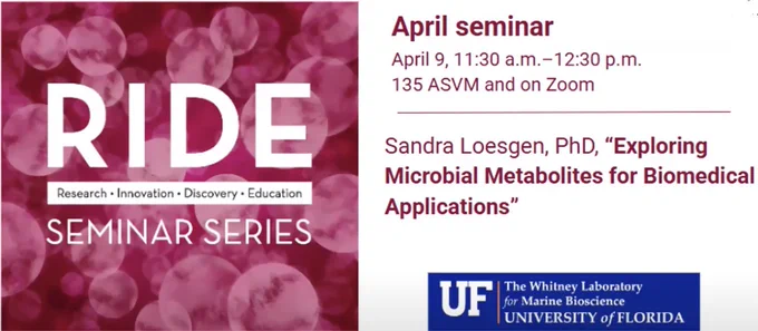 RIDE Seminar Series promotional banner for an April 9 event with Sandra Loesgen, PhD, at the University of Florida.