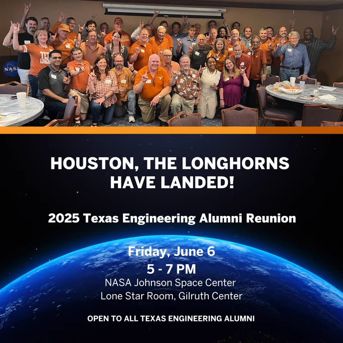Houston, the Longhorns Have Landed social graphic with alumni group photo over image of Earth in space