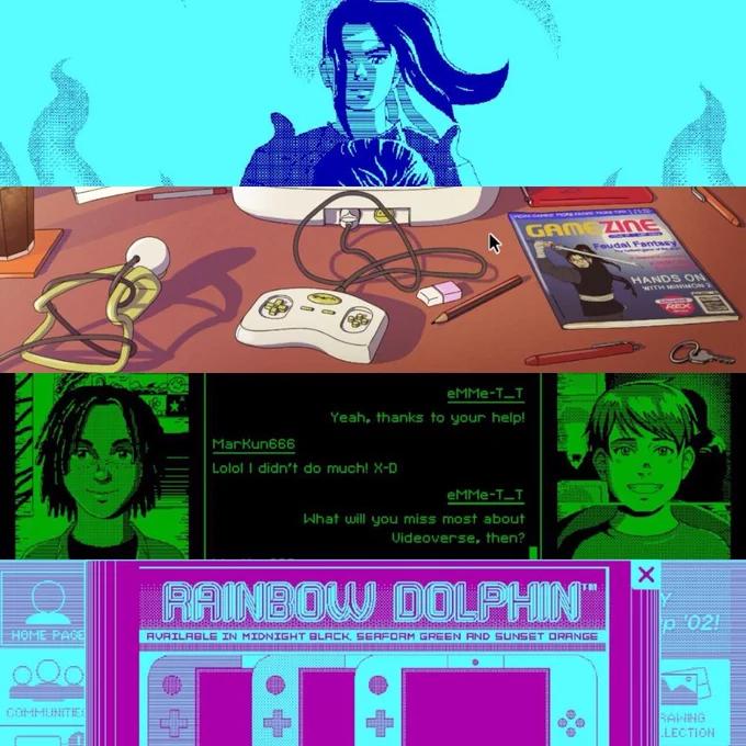 A collage of screenshots from VIDEOVERSE, featuring retro computer graphics of a warrior standing, a desk with gaming paraphernalia on it, a video chat between two boys, and an advertisement for the Dolphin, a fictional game console