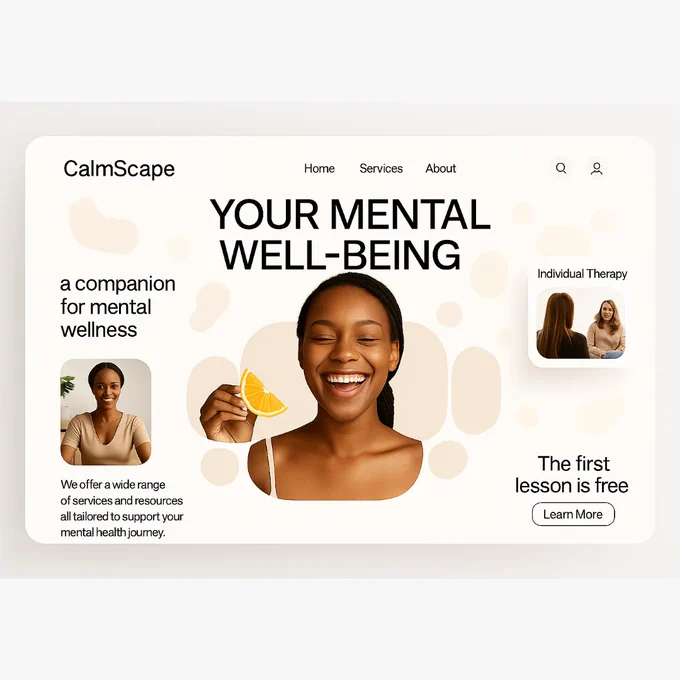 Homepage design for CalmCore wellness platform featuring smiling women, bold typography tagline, and a second section detailing services on a light minimal background.