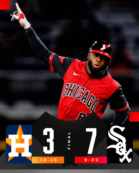FINAL: Houston Astros 3 (16-15), White Sox 7 (9-23)
Pictured: Luis Robert Jr. celebrates as he rounds the bases after hitting a home run. He wears the White Sox new Bulls-inspired City Connect uniform.