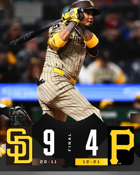 Final: San Diego Padres 9, Pittsburgh Pirates 4
Team records: Padres 20-11, Pirates 12-21
Pictured: Luis Arraez hits an RBI double during the fifth inning of Friday's game. He wears a tan-colored Padres away uniform and brown batting helmet.