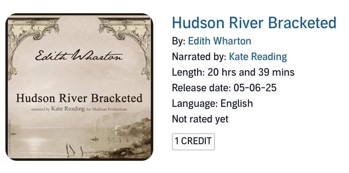Screenshot of audiobook cover on Audible, Hudson River Bracketed, by Edith Wharton.