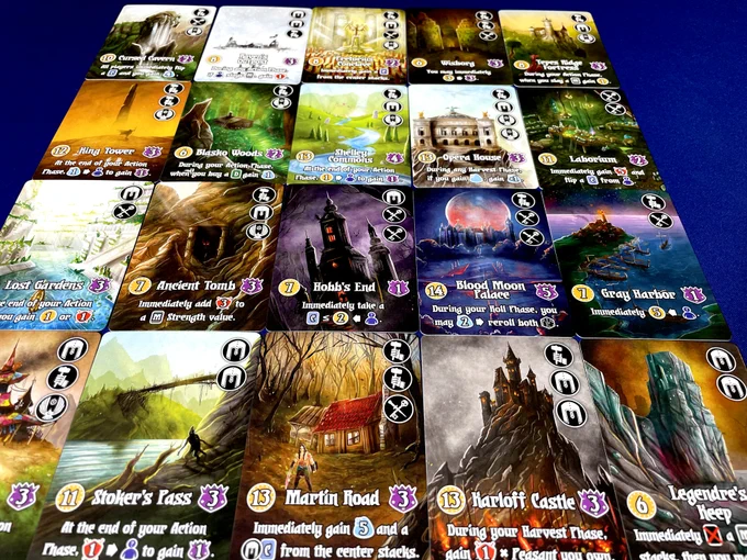 Cards from the card game Valeria Card Kingdoms lined up in rows. These cards are domains and have lots of varied scenery. A few of the titles of the cards in the middle are "Ancient Tomb", "Hobb's End" and "Blood Moon Palace"