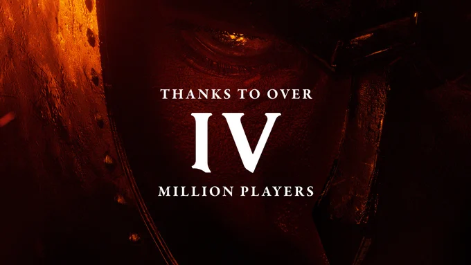 Pictured is a close up on the face of the Hero of Kvatch. White text overlaid reads: "Thanks to over IV (4) million players."