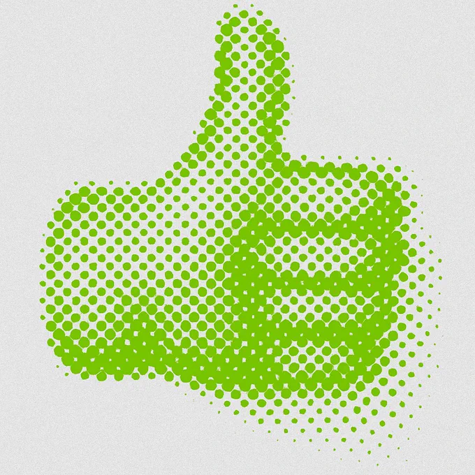 Create image. Transform 👍 emoji into a monocolor halftone poster artwork using modular dot-based distortion, inspired by early 2000s digital graphic aesthetics. Use only vivid halftone techniques—varying dot sizes, densities, and interlocking waveforms—to recreate the emoji form in a dynamic, sculptural silhouette. The entire image must be composed of a single bold color (e.g., magenta, cyan, or lime) over a grain-textured light gray background.

Focus on optical depth, flow, and abstraction:

Construct the emoji’s body using tightly packed halftone circles that vary in size to simulate volume.

Allow parts of the form to dissolve into pure dot arrays, creating a sense of motion or glitchy disappearance.

Do not outline the emoji or use flat fills—only halftone dots define the shape.

Prioritize visual rhythm and modularity so the halftone style can universally adapt to any emoji silhouette.

Design should reference the expressive pixel geometry of 2000s tech branding, motion capture 