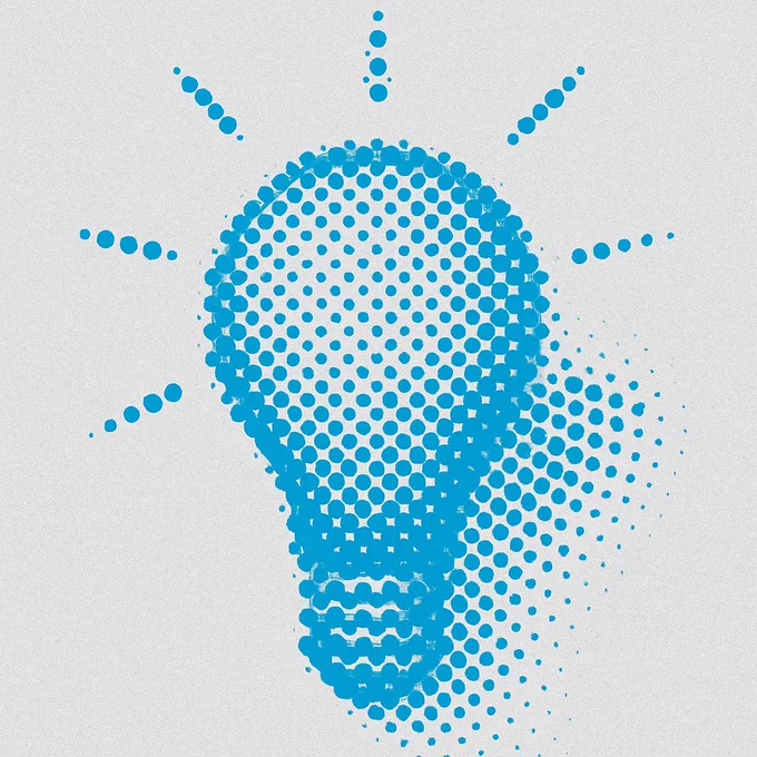 Create image. Transform 💡 emoji into a monocolor halftone poster artwork using modular dot-based distortion, inspired by early 2000s digital graphic aesthetics. Use only vivid halftone techniques—varying dot sizes, densities, and interlocking waveforms—to recreate the emoji form in a dynamic, sculptural silhouette. The entire image must be composed of a single bold color (e.g., magenta, cyan, or lime) over a grain-textured light gray background.

Focus on optical depth, flow, and abstraction:

Construct the emoji’s body using tightly packed halftone circles that vary in size to simulate volume.

Allow parts of the form to dissolve into pure dot arrays, creating a sense of motion or glitchy disappearance.

Do not outline the emoji or use flat fills—only halftone dots define the shape.

Prioritize visual rhythm and modularity so the halftone style can universally adapt to any emoji silhouette.

Design should reference the expressive pixel geometry of 2000s tech branding, motion capture 