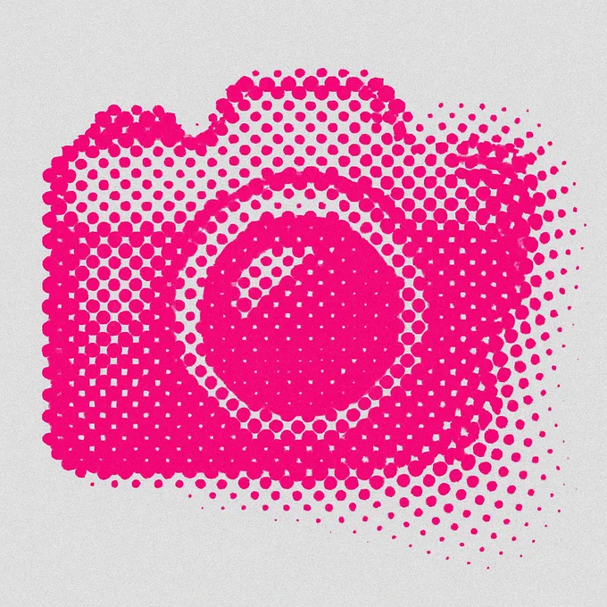 Create image. Transform 📷 emoji into a monocolor halftone poster artwork using modular dot-based distortion, inspired by early 2000s digital graphic aesthetics. Use only vivid halftone techniques—varying dot sizes, densities, and interlocking waveforms—to recreate the emoji form in a dynamic, sculptural silhouette. The entire image must be composed of a single bold color (e.g., magenta, cyan, or lime) over a grain-textured light gray background.

Focus on optical depth, flow, and abstraction:

Construct the emoji’s body using tightly packed halftone circles that vary in size to simulate volume.

Allow parts of the form to dissolve into pure dot arrays, creating a sense of motion or glitchy disappearance.

Do not outline the emoji or use flat fills—only halftone dots define the shape.

Prioritize visual rhythm and modularity so the halftone style can universally adapt to any emoji silhouette.

Design should reference the expressive pixel geometry of 2000s tech branding, motion capture 