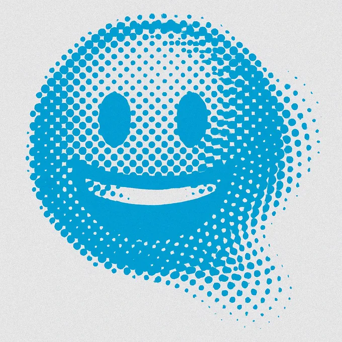 Create image. Transform 😃 emoji into a monocolor halftone poster artwork using modular dot-based distortion, inspired by early 2000s digital graphic aesthetics. Use only vivid halftone techniques—varying dot sizes, densities, and interlocking waveforms—to recreate the emoji form in a dynamic, sculptural silhouette. The entire image must be composed of a single bold color (e.g., magenta, cyan, or lime) over a grain-textured light gray background.

Focus on optical depth, flow, and abstraction:

Construct the emoji’s body using tightly packed halftone circles that vary in size to simulate volume.

Allow parts of the form to dissolve into pure dot arrays, creating a sense of motion or glitchy disappearance.

Do not outline the emoji or use flat fills—only halftone dots define the shape.

Prioritize visual rhythm and modularity so the halftone style can universally adapt to any emoji silhouette.

Design should reference the expressive pixel geometry of 2000s tech branding, motion capture 