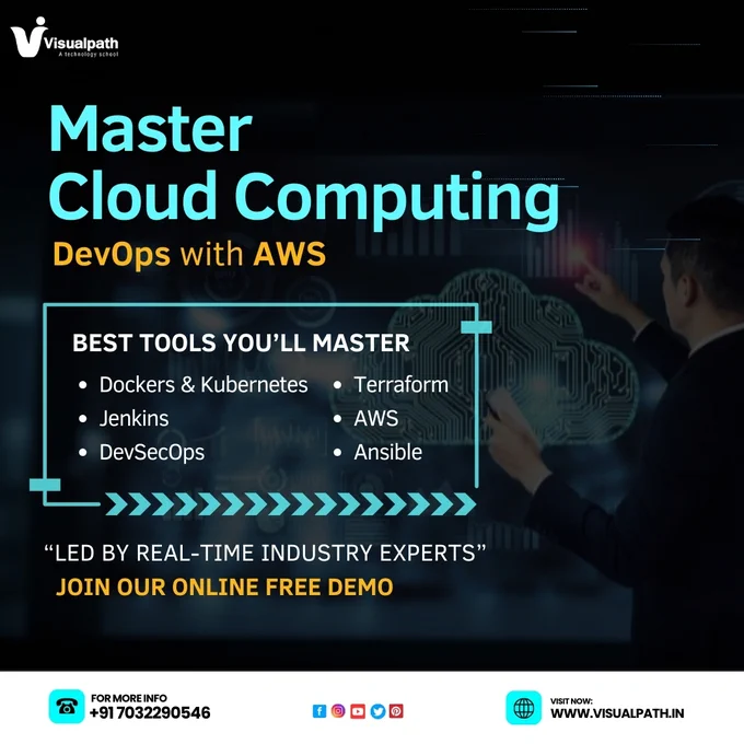 🚀 Master Cloud Computing with DevOps & AWS!
Want to become a top DevOps Engineer in 2025?
Visualpath’s Cloud Computing with AWS DevOps course is your gateway to mastering the most in-demand tools and practices industry professionals use.

🔧 Top Tools You’ll Learn:
• Docker & Kubernetes
• Jenkins & DevSecOps
• Terraform & Ansible
• AWS Cloud Infrastructure

💡 Why Choose Us?
✔️ Led by Real-Time Experts
✔️ Hands-On Projects
✔️ Job-Oriented Curriculum
✔️ Online Free Demo Available

🎓 Perfect for IT Graduates, Working Professionals, and Anyone Ready to Upskill in Cloud & DevOps.

🌐 Visit: www.visualpath.in
📞 Call:  91 7032290546

#CloudComputing #AWSDevOps #LearnDevOps #AWSCloud #DevOpsTraining #DockerKubernetes #TerraformTraining #Visualpath #DevOpsCareer #OnlineTraining #TechSkills2025 #CloudEngineer #visualpathtraining #FreeDemo 
