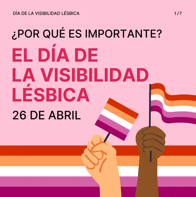 Ilustración con fondo rosa que celebra el Día de la Visibilidad Lésbica, 26 de abril. Dos manos levantan banderas con los colores de la bandera lésbica (tonos de naranja, rosa, blanco y rojo). Texto grande en color rosa fuerte que dice: '¿Por qué es importante? El Día de la Visibilidad Lésbica'. Al fondo se ve una franja horizontal con los colores de la bandera lésbica.