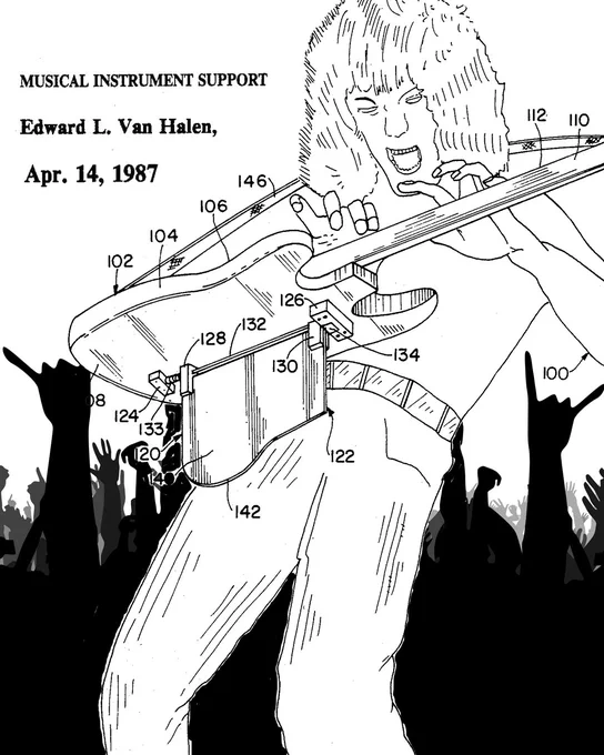 A black and white illustration of a man playing an electric guitar on stage, with enthusiastic fans' hands visible in the foreground. The drawing includes labels pointing to various parts of the guitar and its support straps. The drawing was submitted as part of Edward L. Van Halen's patent.