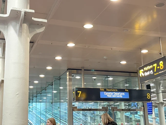 Signage at a train station saying: Eurostar Departures