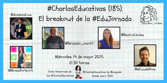 Cartel con la foto de perfil de los cinco invitados. Incluye título, día y hora. El breakout de la #EduJornada. 21.30.